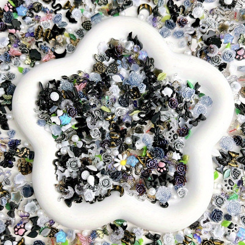 50pcs Mixed Style Nail Art Accessories, Rose Flower Charms, Small Floral Buds, Pearls, Bowknots, Leaves Embellishments For Nail Decoration